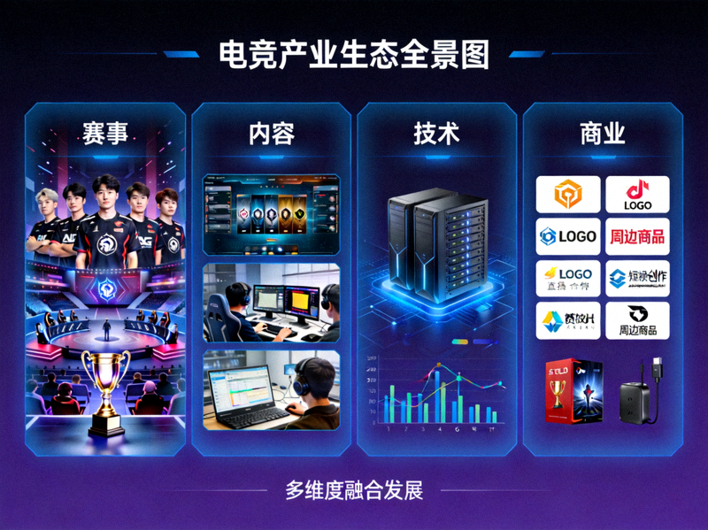电竞产业生态全景图 - 展示赛事、内容、技术、商业等多维度融合