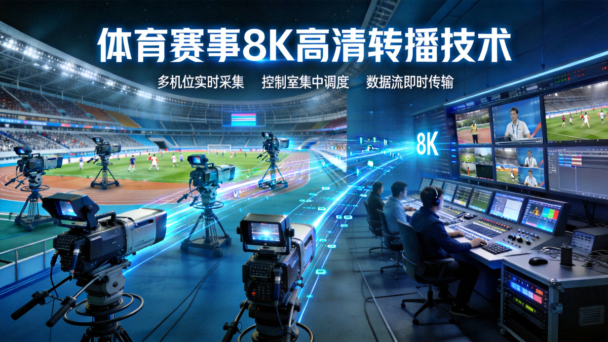 体育赛事高清转播技术主视觉图 - 展示多机位8K摄像机、控制室和实时数据流