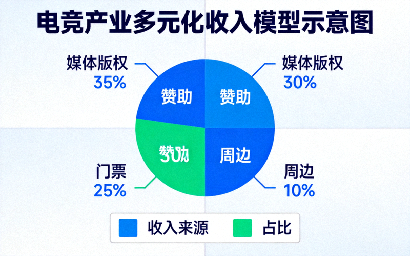 电竞产业多元化收入模型示意图 - 展示媒体版权、赞助、门票、周边等收入来源占比
