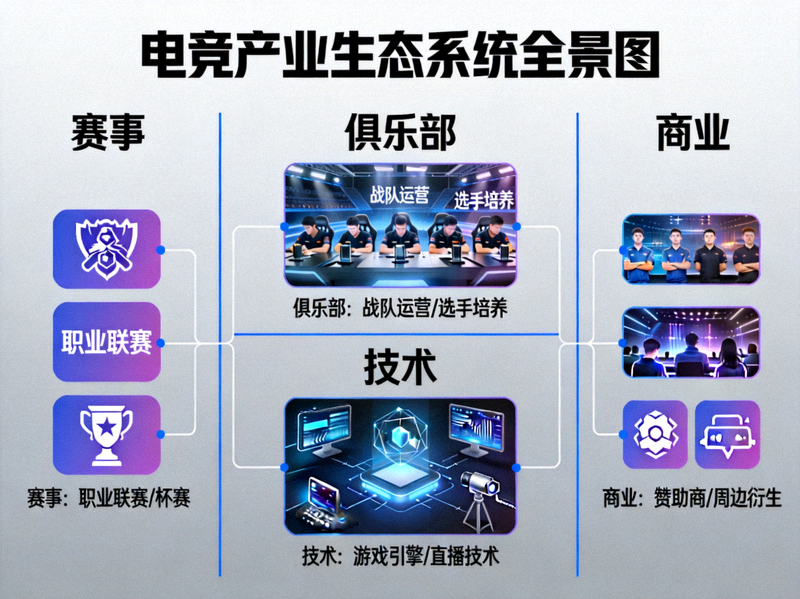 电竞产业生态系统全景图 - 展示赛事、俱乐部、技术、商业等多元要素