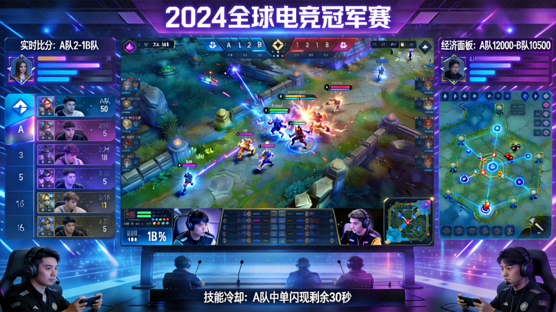 2024全球电竞冠军赛直播画面 - 展示多视角与数据叠加效果