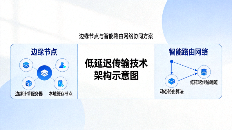 低延迟传输技术架构示意图 - 展示边缘节点与智能路由网络