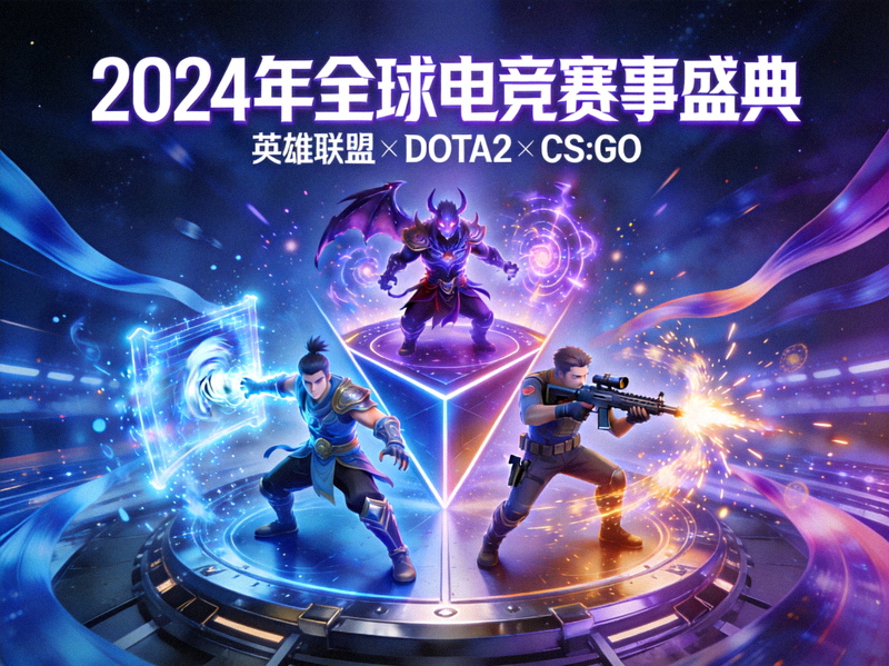 2024年全球电竞赛事盛典主视觉图 - 英雄联盟、DOTA2、CS:GO等游戏角色同台竞技的炫酷场景