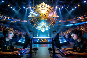 DOTA2国际邀请赛TI13比赛现场 - 选手专注操作，巨型冠军神盾闪耀