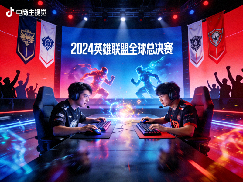 2024英雄联盟全球总决赛主视觉图 - 电竞选手在舞台上激烈对决的场景