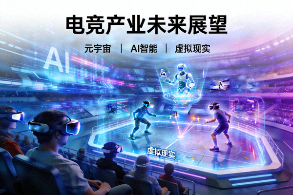 电竞产业未来展望概念图 - 展示元宇宙、AI智能、虚拟现实等技术融合的电竞未来场景