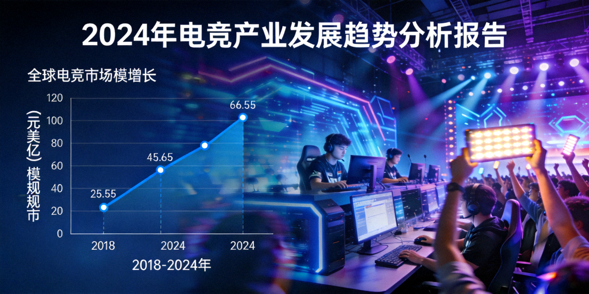 2024年电竞产业发展趋势分析报告封面图 - 展示全球电竞市场规模增长图表与赛事现场