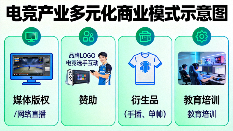 电竞产业多元化商业模式示意图 - 展示媒体版权、赞助、衍生品、教育培训等收入来源