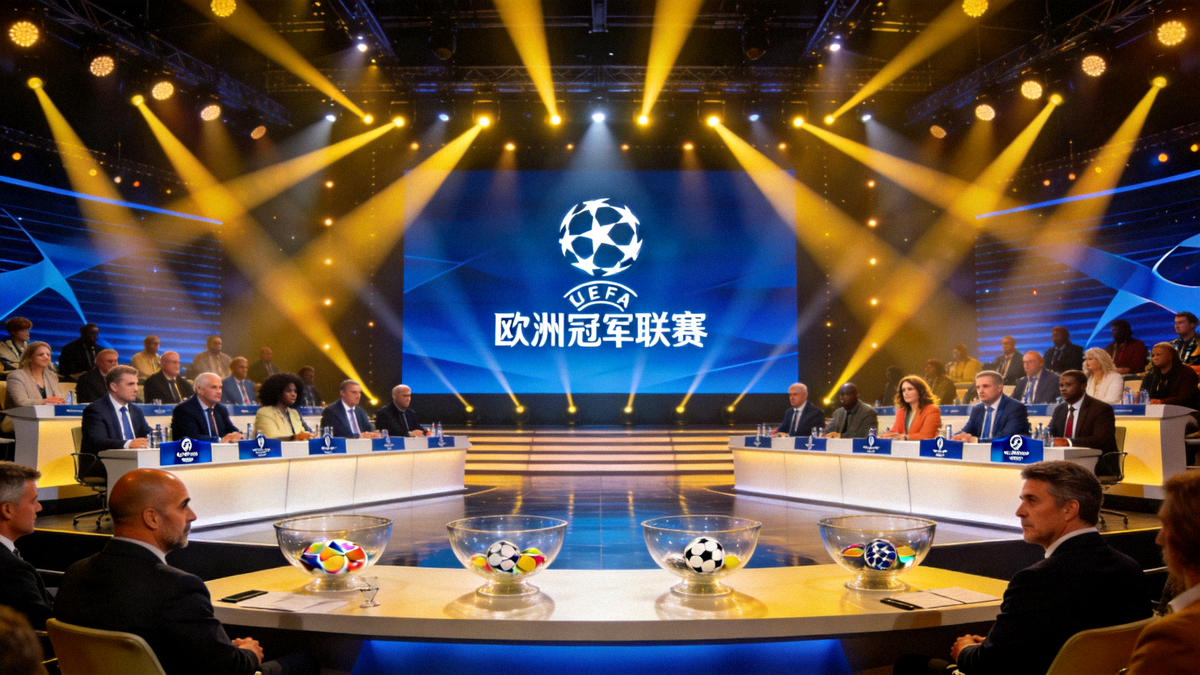 欧冠抽签仪式现场舞台灯光璀璨，大屏幕显示欧洲冠军联赛标志，嘉宾席坐满各俱乐部代表