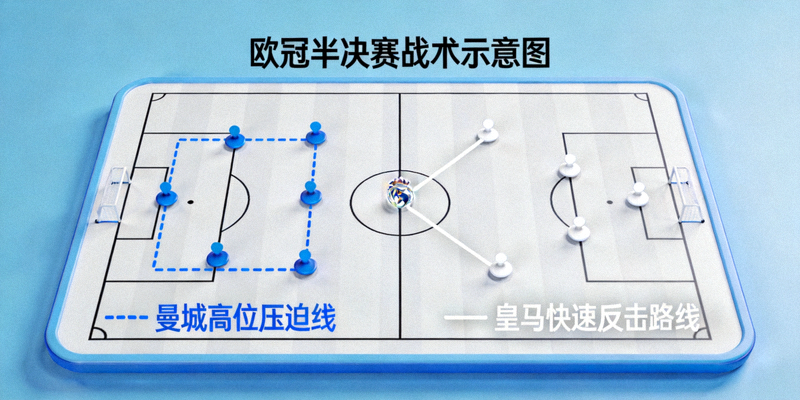 欧冠半决赛战术板示意图 - 显示曼城高位压迫线与皇马快速反击路线