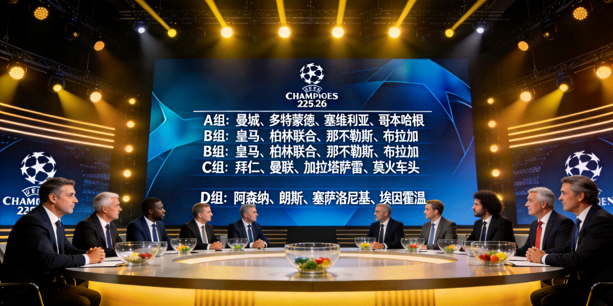 2025-26赛季欧冠小组赛抽签仪式现场，各队代表齐聚一堂，大屏幕显示分组结果