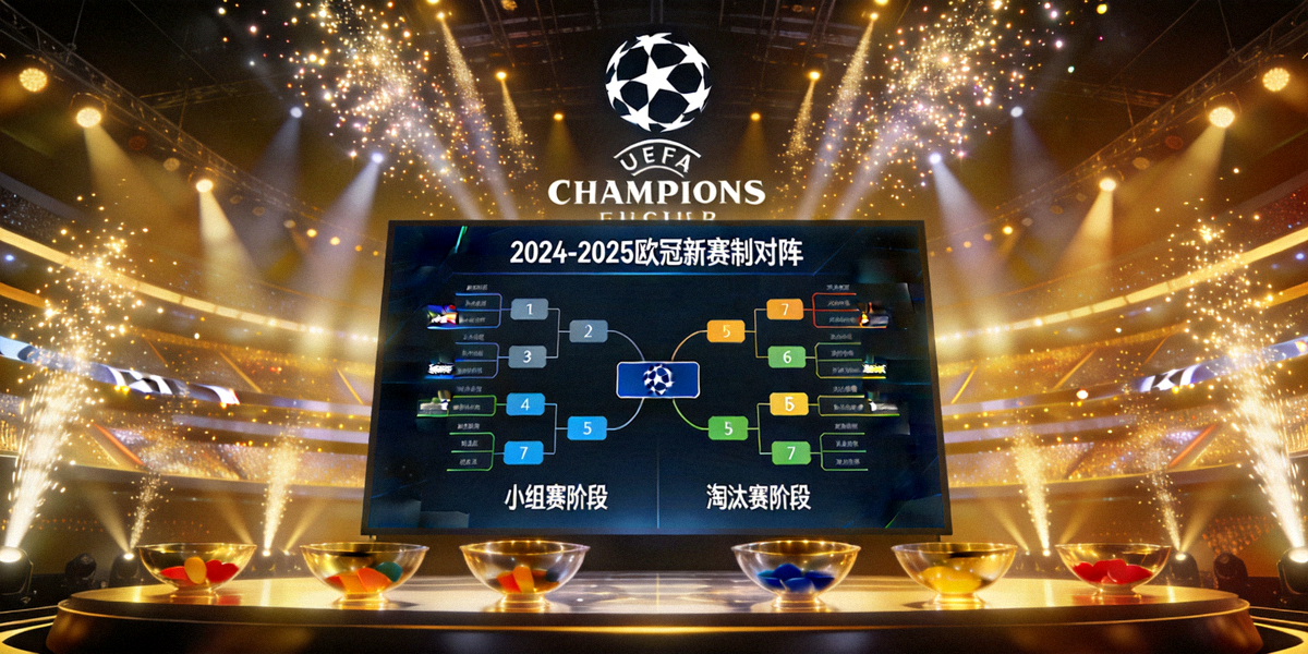 欧冠抽签仪式现场大屏幕展示新赛制对阵图，背景为欧冠标志与璀璨灯光