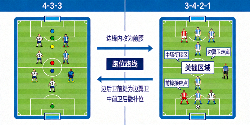 战术板示意图，展示4-3-3阵型向3-4-2-1阵型转换时球员跑位路线与关键区域